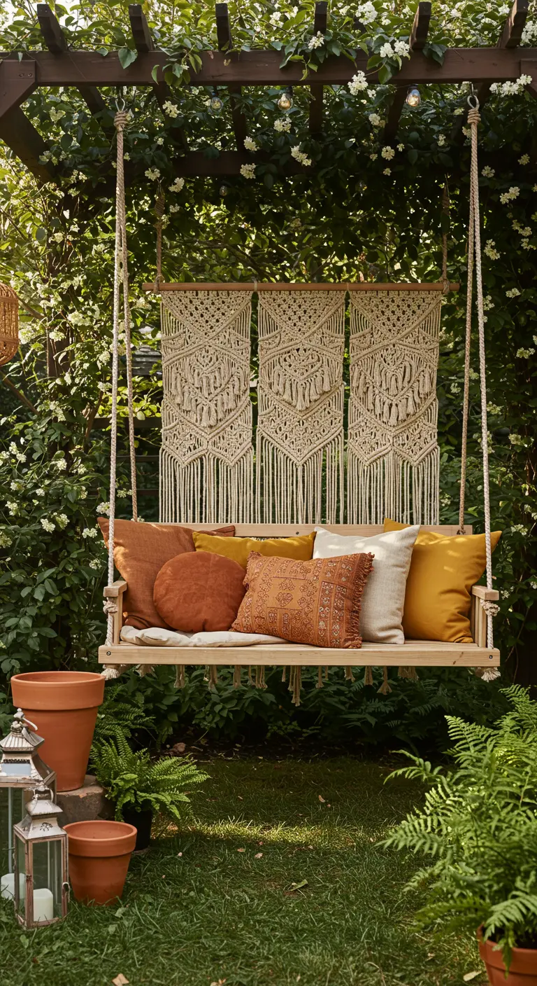 Balançoire en bois sous pergola fleurie, macramé, coussins terre cuite, fougères.
