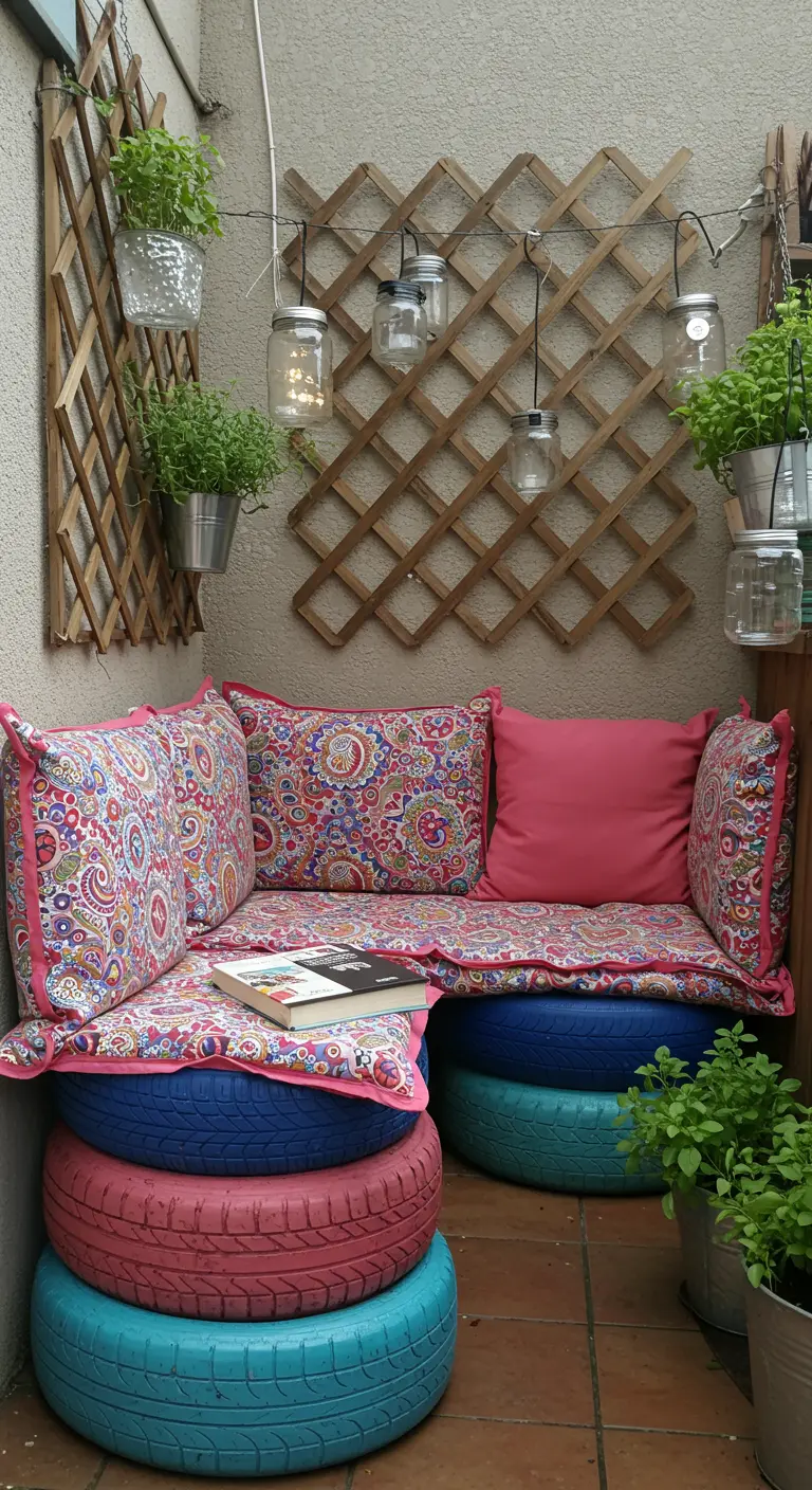 Banquette DIY en pneus recyclés peints, coussins colorés, treillis mural avec plantes et lanternes bocaux.