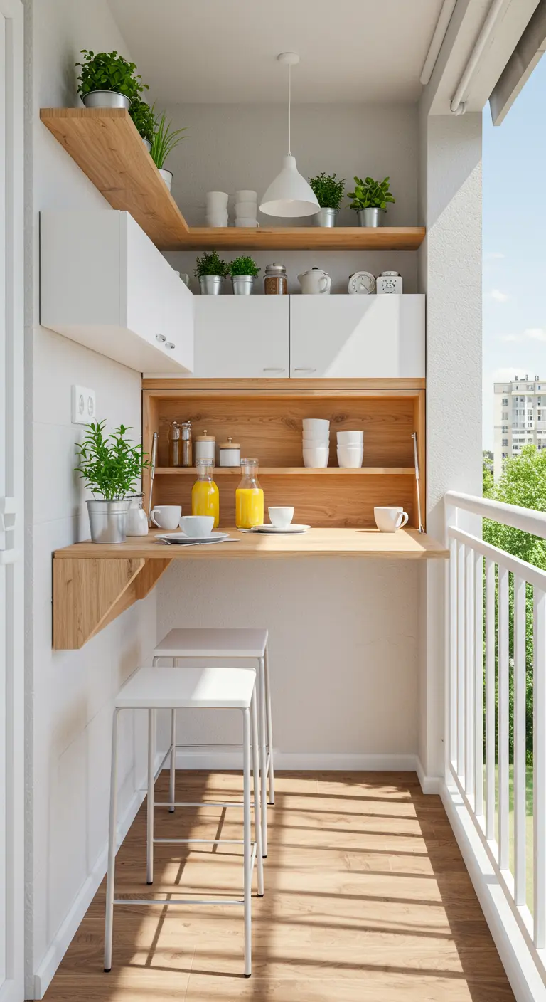 Balcon avec bar mural pliant, étagères de rangement, tabourets et plantes aromatiques.