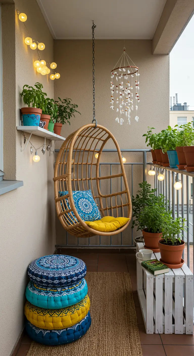 Balcon bohème avec siège suspendu en rotin, coussins colorés et plantes aromatiques.
