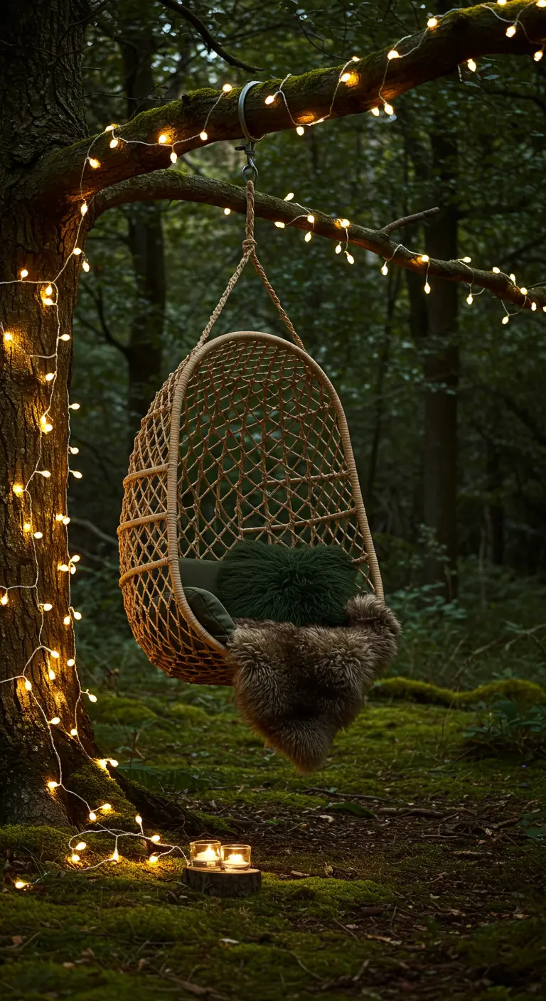 Fauteuil œuf en rotin suspendu dans une forêt, avec peau de mouton et guirlandes lumineuses.