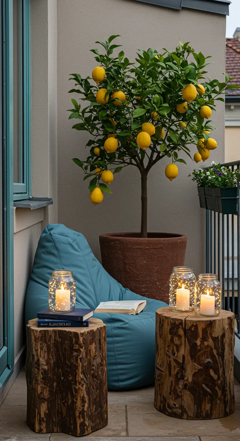 Balcon zen avec pouf, troncs d'arbres, citronnier en pot et lumières LED en bocaux.