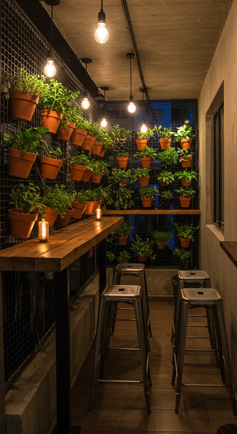 Balcon étroit avec mur végétal sur grille métallique, pots en terre cuite et bar.