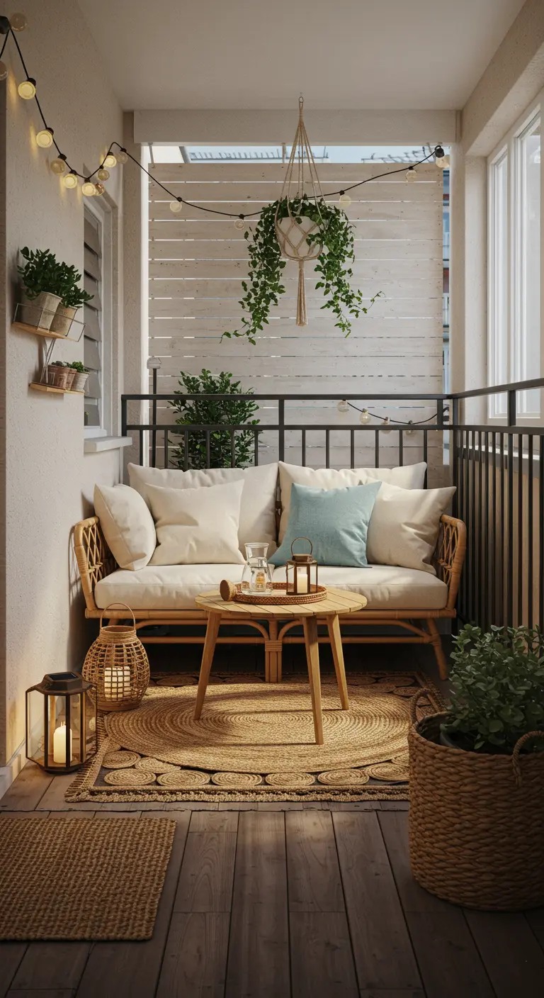 Balcon cosy avec canapé en rotin, tapis jute, guirlande lumineuse, plante suspendue et lanternes.