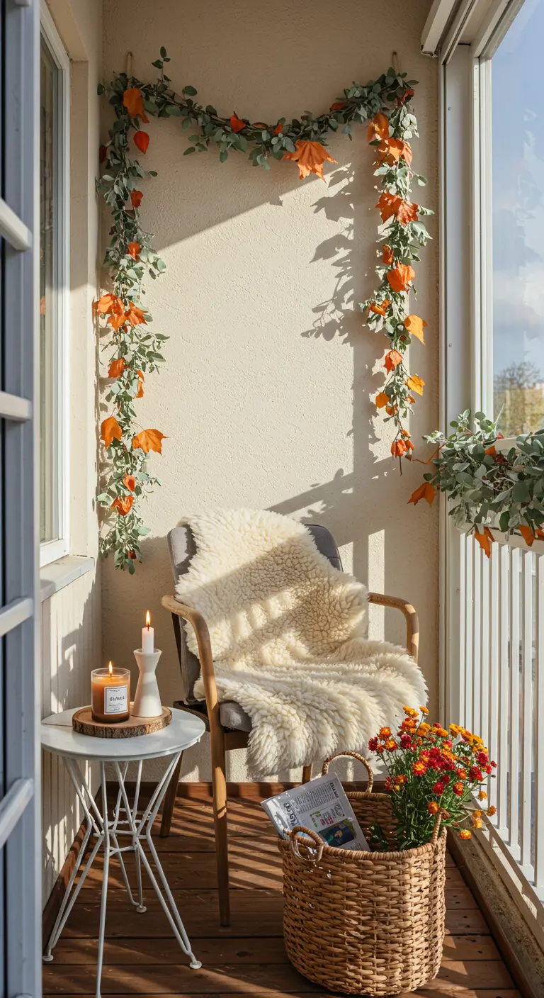Balcon simple avec chaise noire recouverte d'une peau de mouton, bougie, chrysanthèmes et panier.