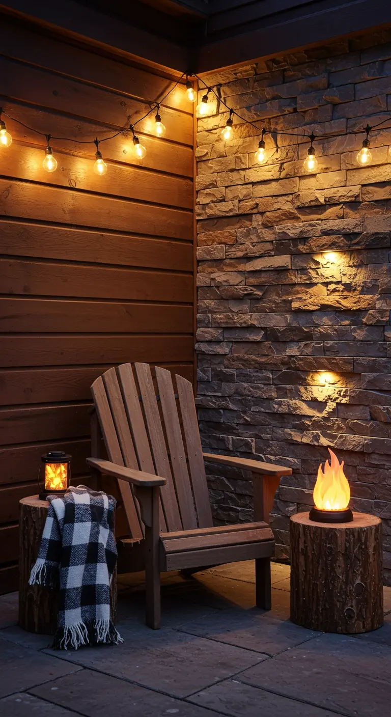 Balcon cosy avec tapis coloré, guirlandes lumineuses et cube lumineux LED.