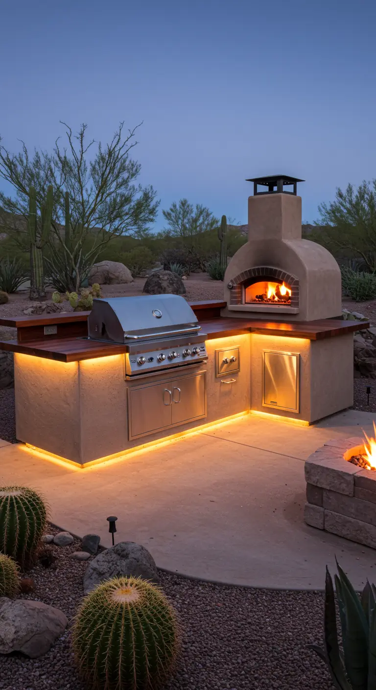 Cuisine extérieure inspirée du désert avec four à pizza, barbecue, comptoir en bois éclairé et cactus.