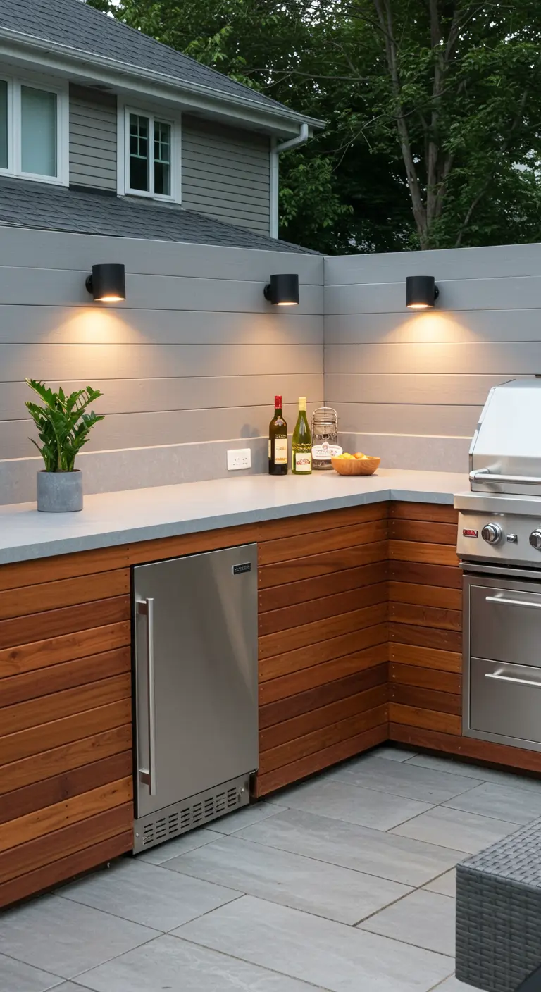Cuisine extérieure moderne en bois clair et gris, avec barbecue, réfrigérateur intégré et appliques murales.
