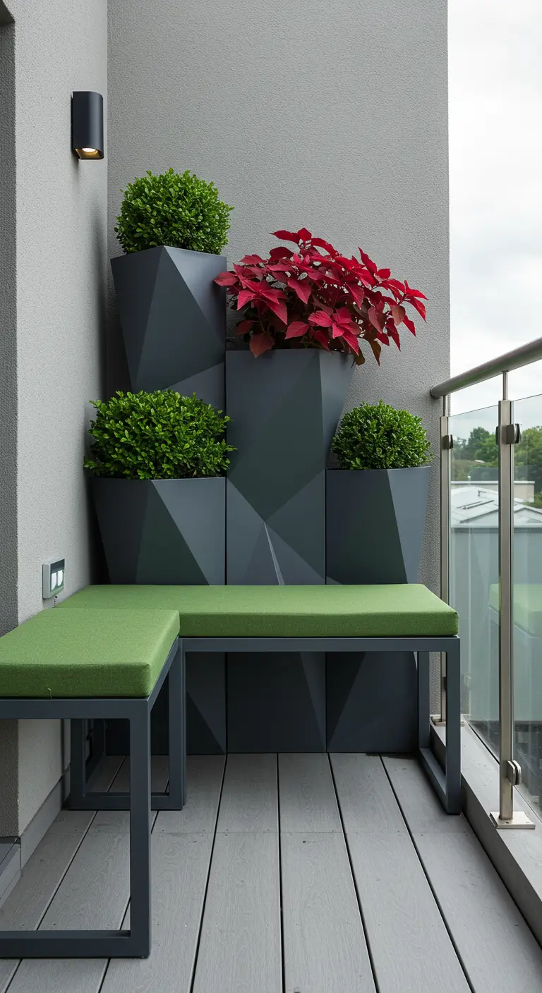Balcon minimaliste avec jardinières géométriques grises et plantes vertes.