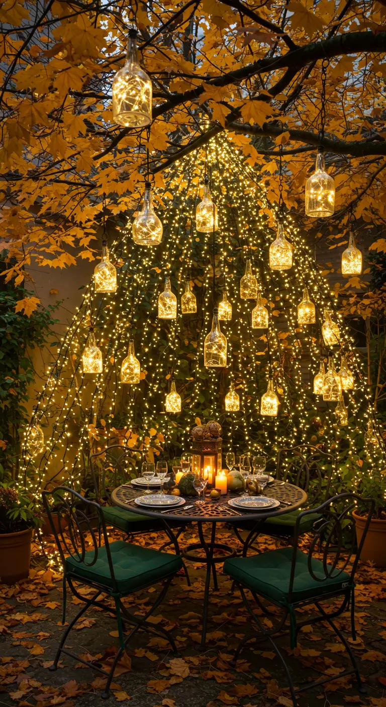 Table de dîner intime sous un arbre drapé de guirlandes LED et de bouteilles lumineuses suspendues.