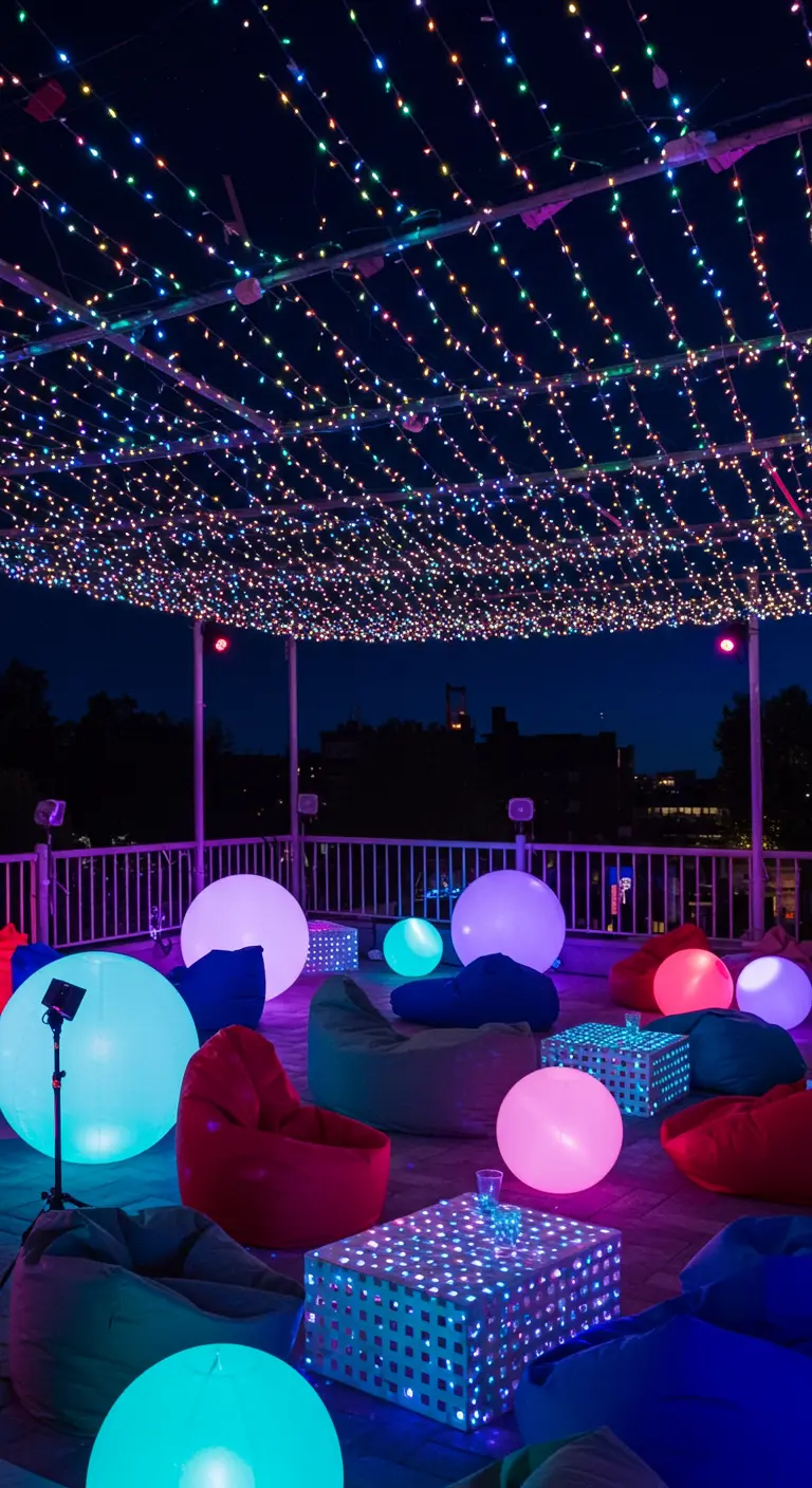 Terrasse de fête avec un plafond de guirlandes lumineuses multicolores et sphères géantes.