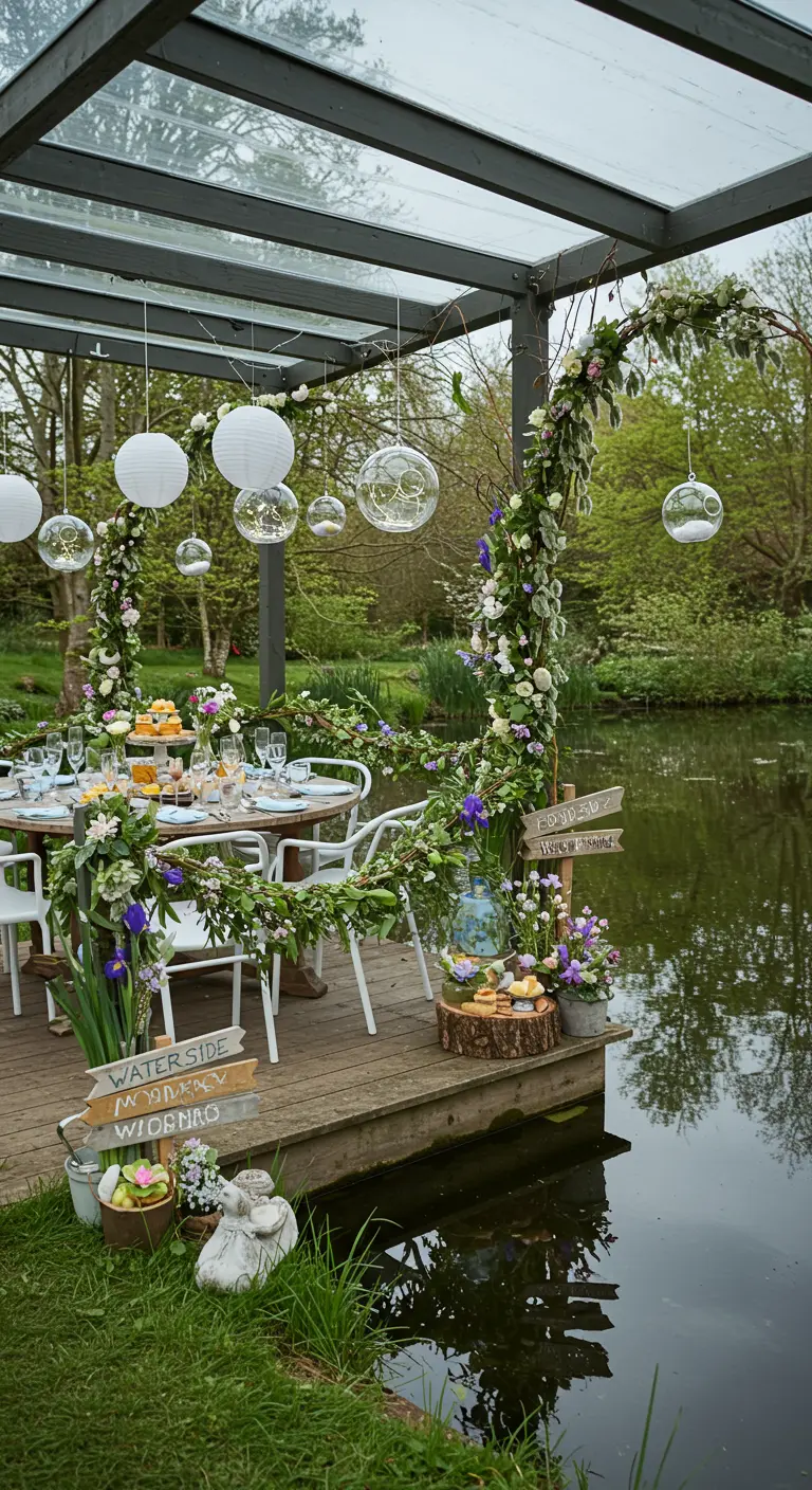 Table de Pâques sur une terrasse en bois au bord de l'eau, avec pergola fleurie et lampions.