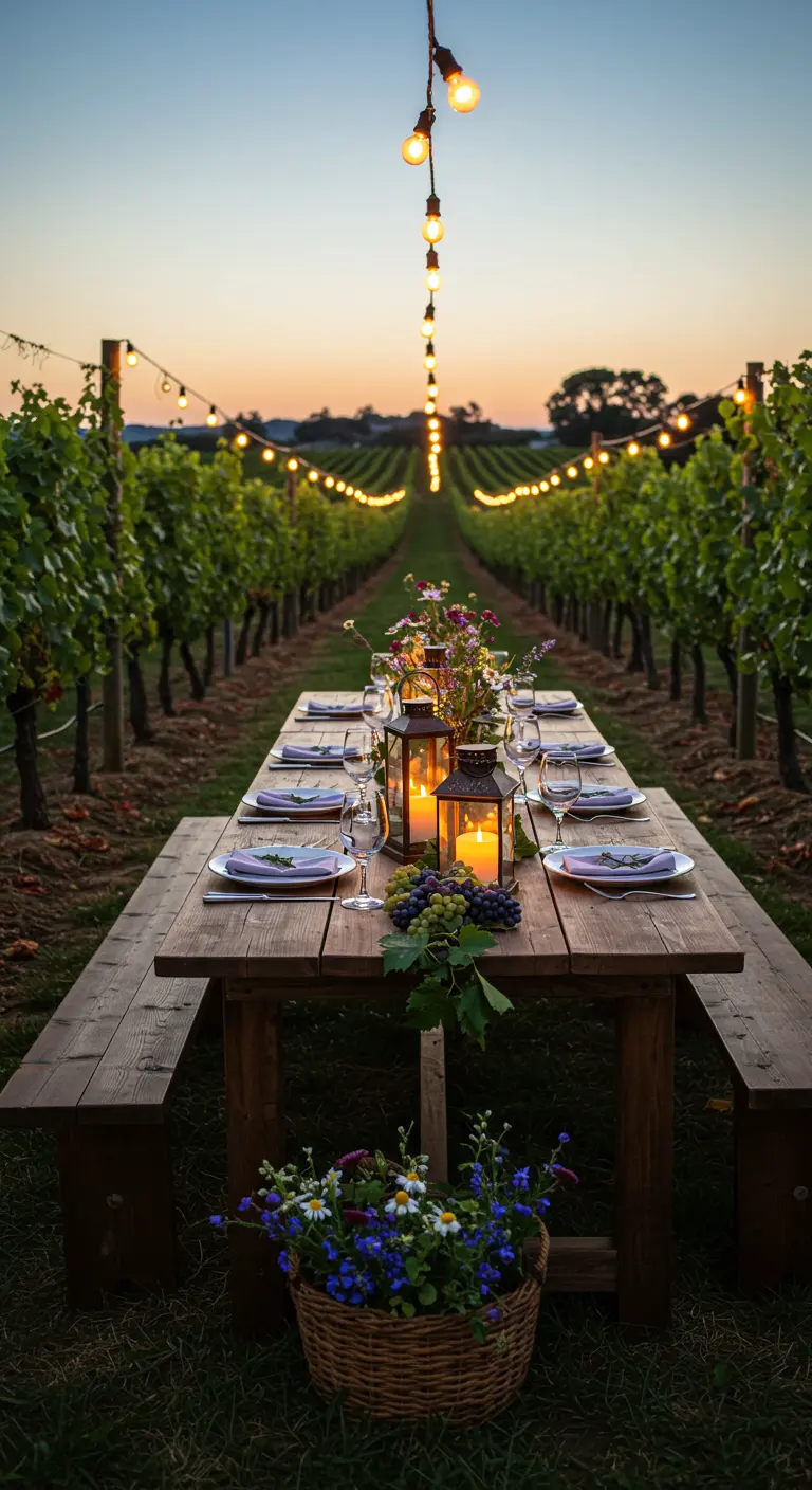 Longue table de dîner dans un vignoble avec guirlandes lumineuses au-dessus et lanternes sur la table.