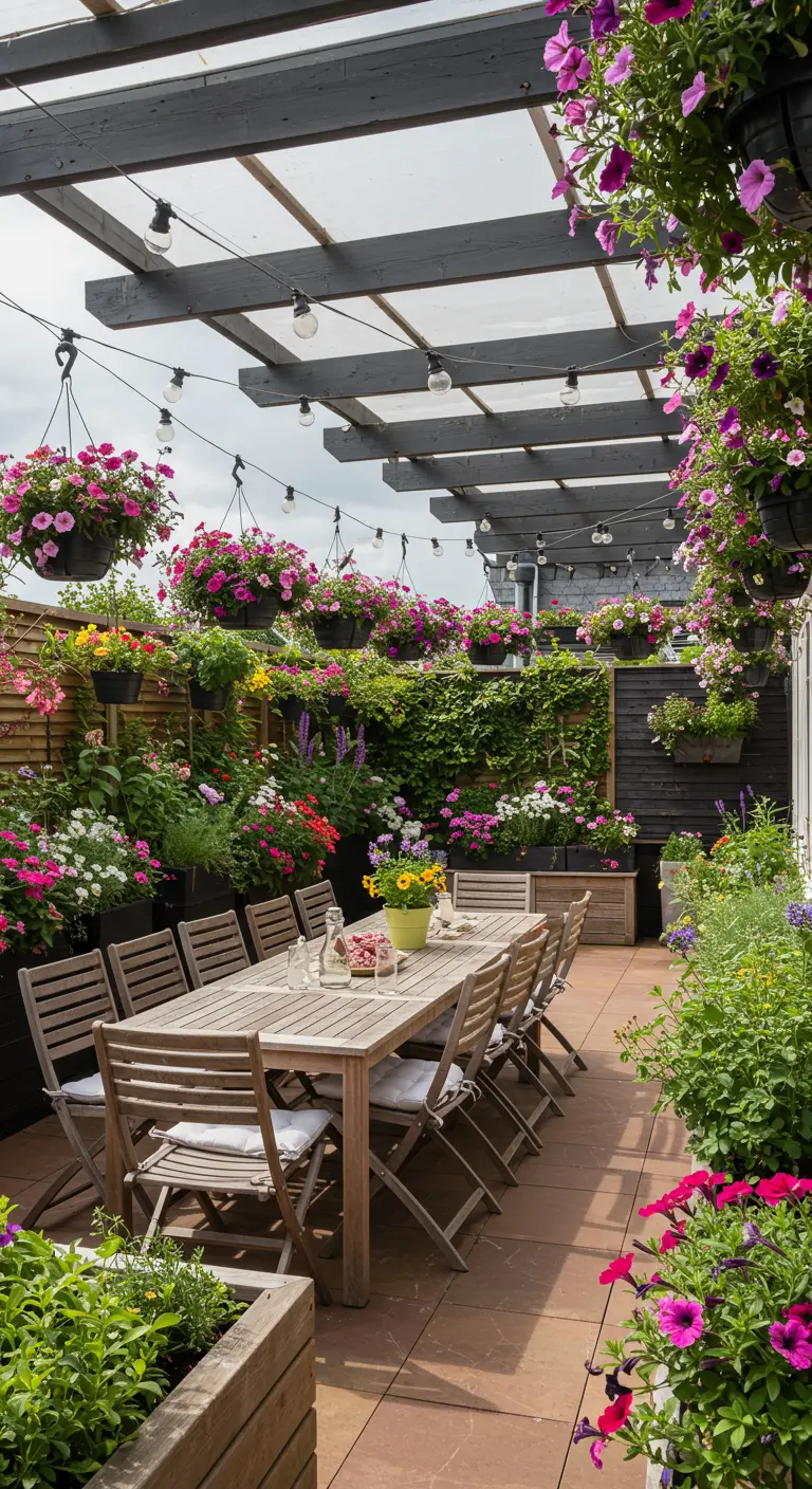 Grande terrasse fleurie avec table en bois, jardinières et suspensions sous pergola illuminée.