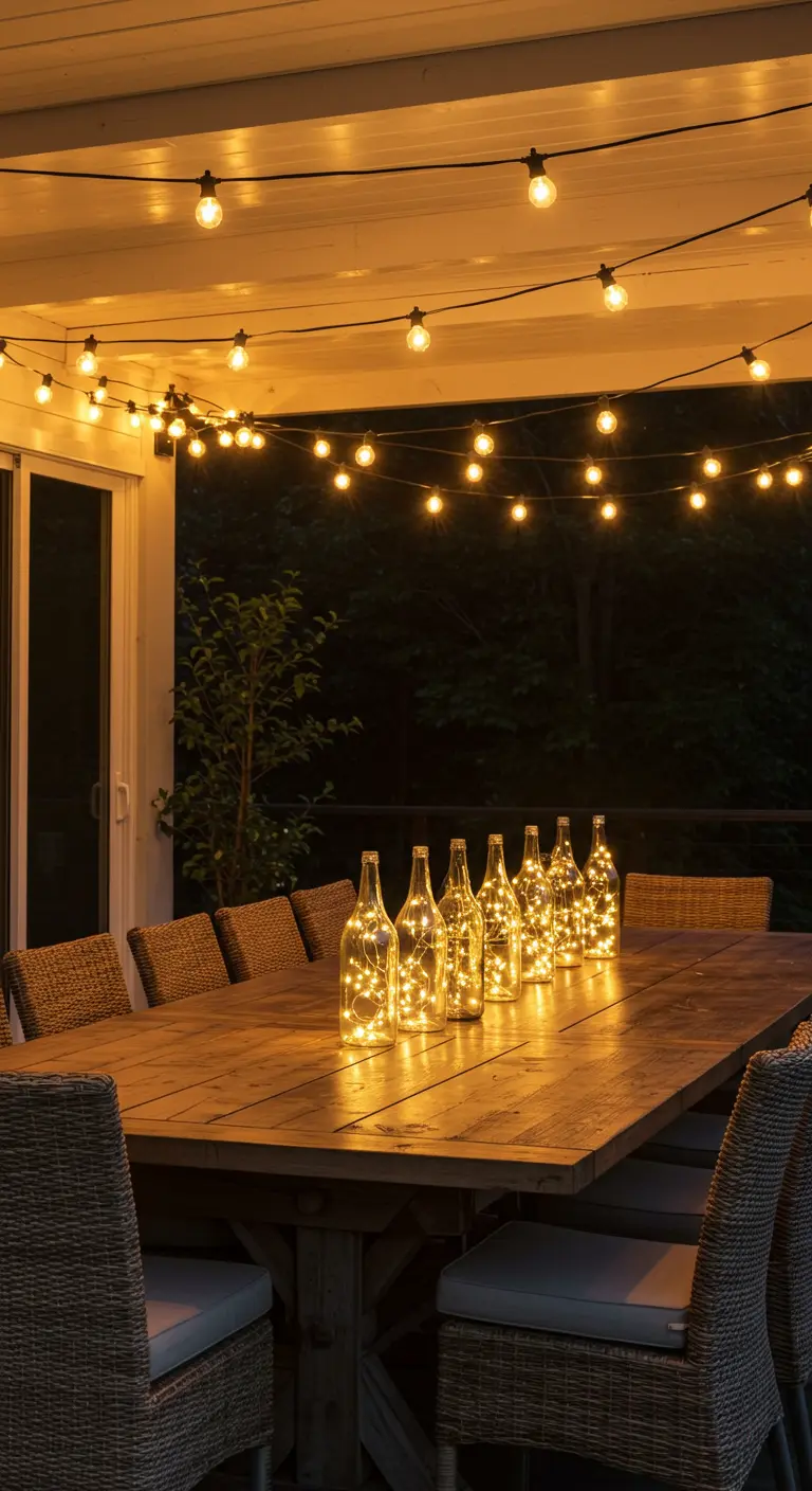 Patio couvert avec guirlandes lumineuses et rangée de bouteilles LED sur une longue table à manger en bois.