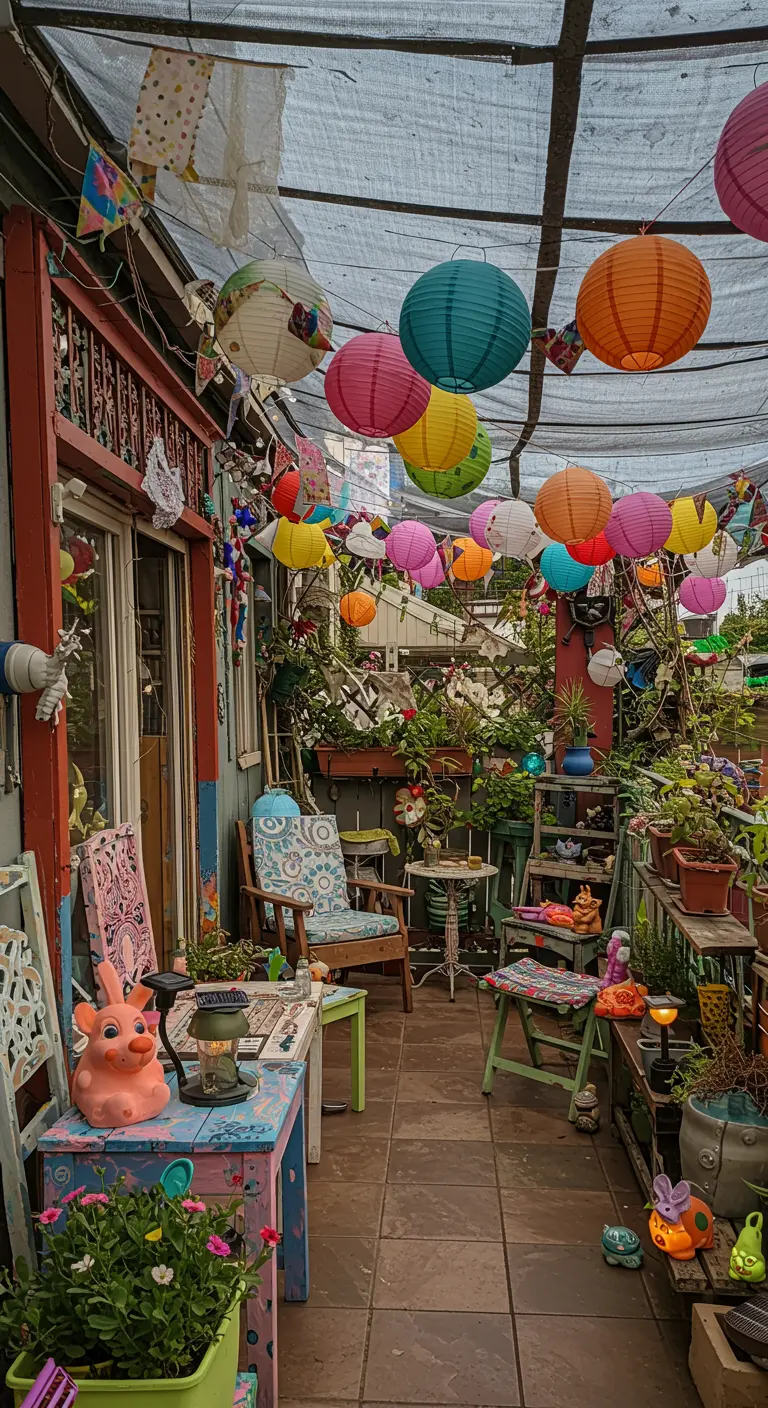 Balcon bohème avec nombreux lampions colorés, plantes et mobilier vintage.