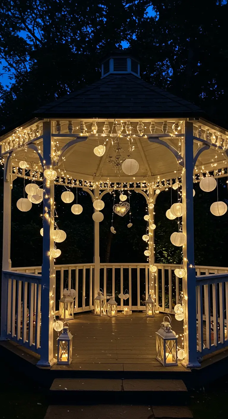 Gazebo blanc en bois décoré de lampions blancs et de nombreuses guirlandes lumineuses.