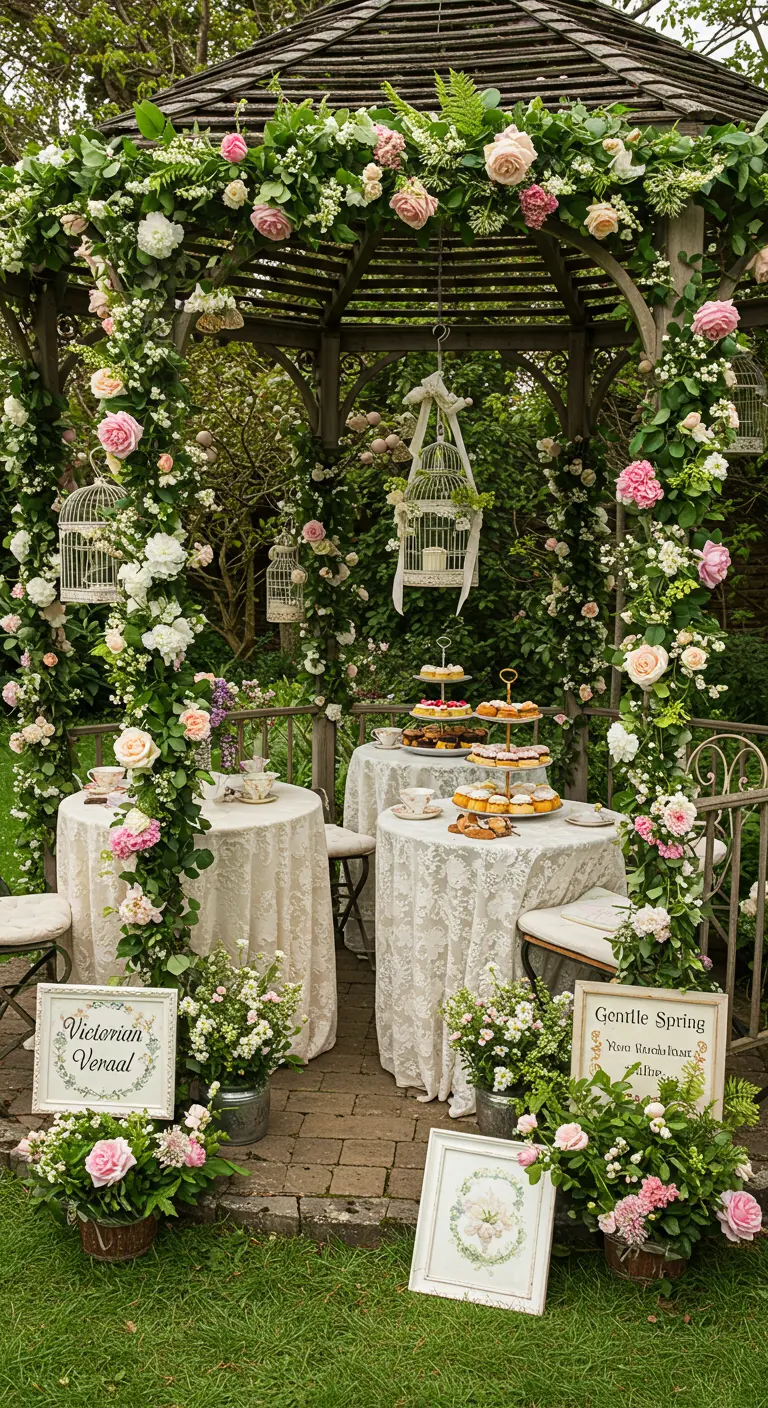 Gazebo de jardin victorien décoré de guirlandes de roses, cages à oiseaux et petites tables pour un thé de Pâques.