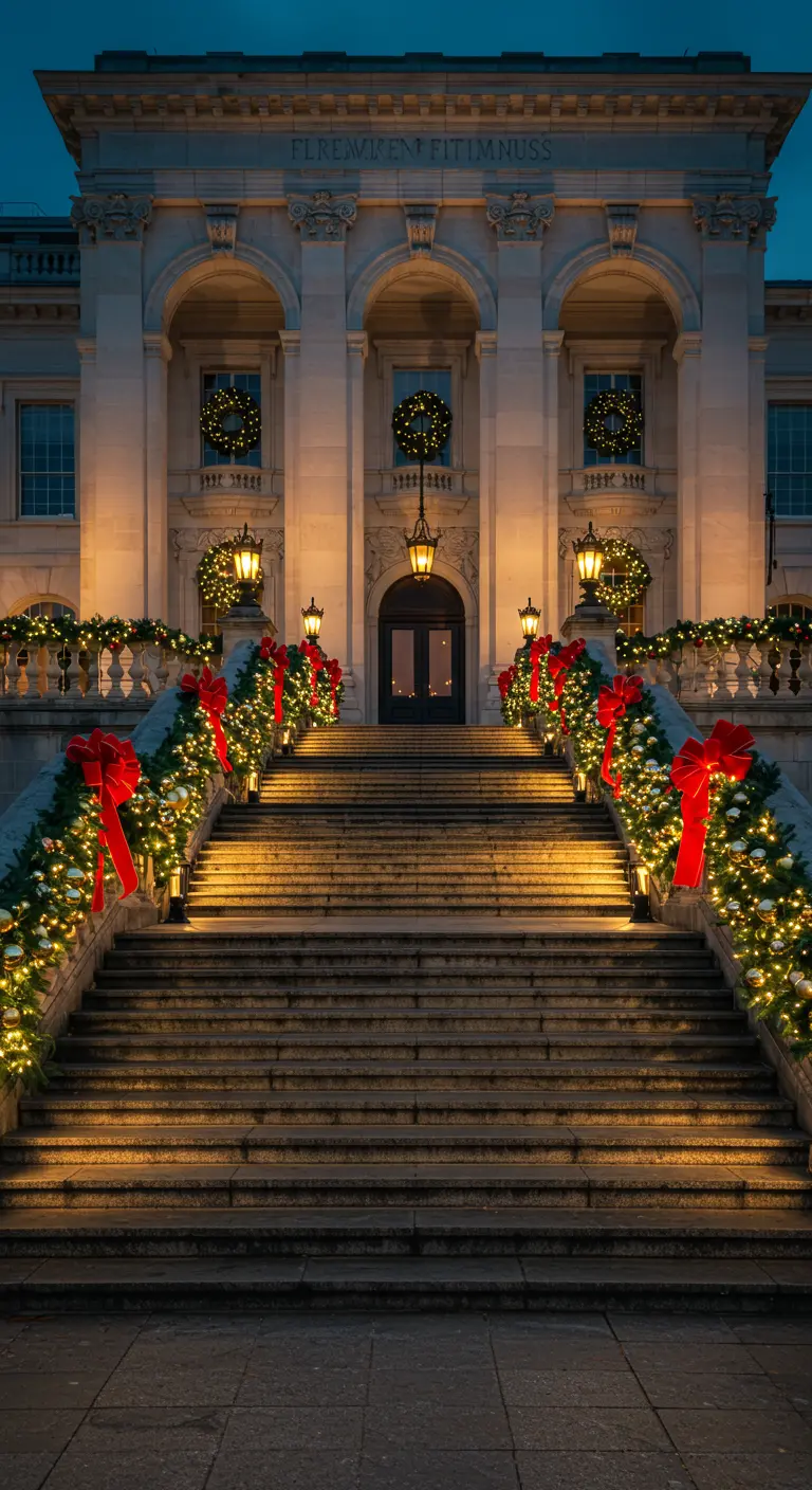 Grand escalier extérieur monumental décoré de guirlandes lumineuses, de verdure et de grands nœuds rouges.