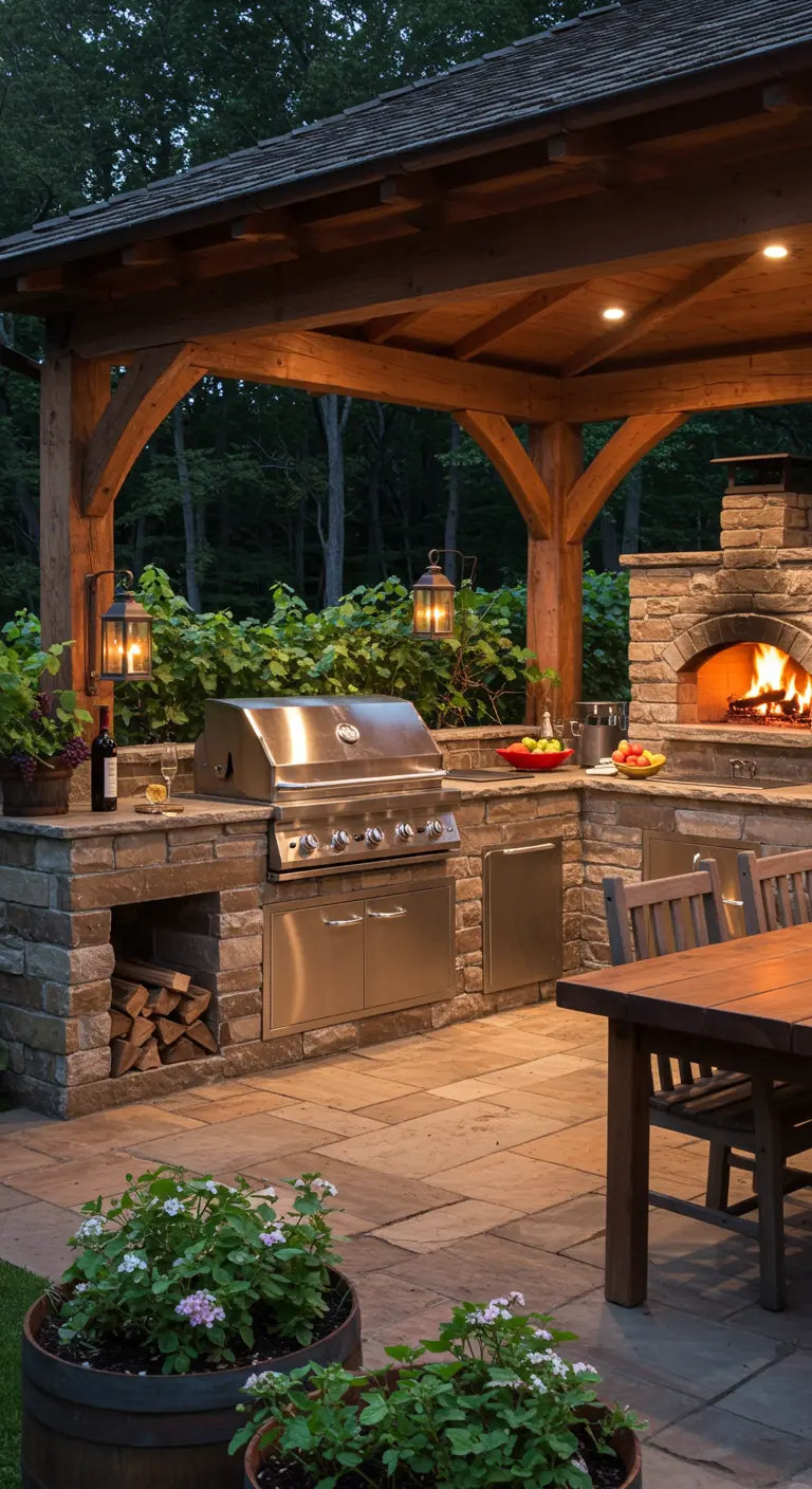 Grande cuisine extérieure rustique en pierre sous une charpente en bois, avec barbecue, four à pizza et table en bois.