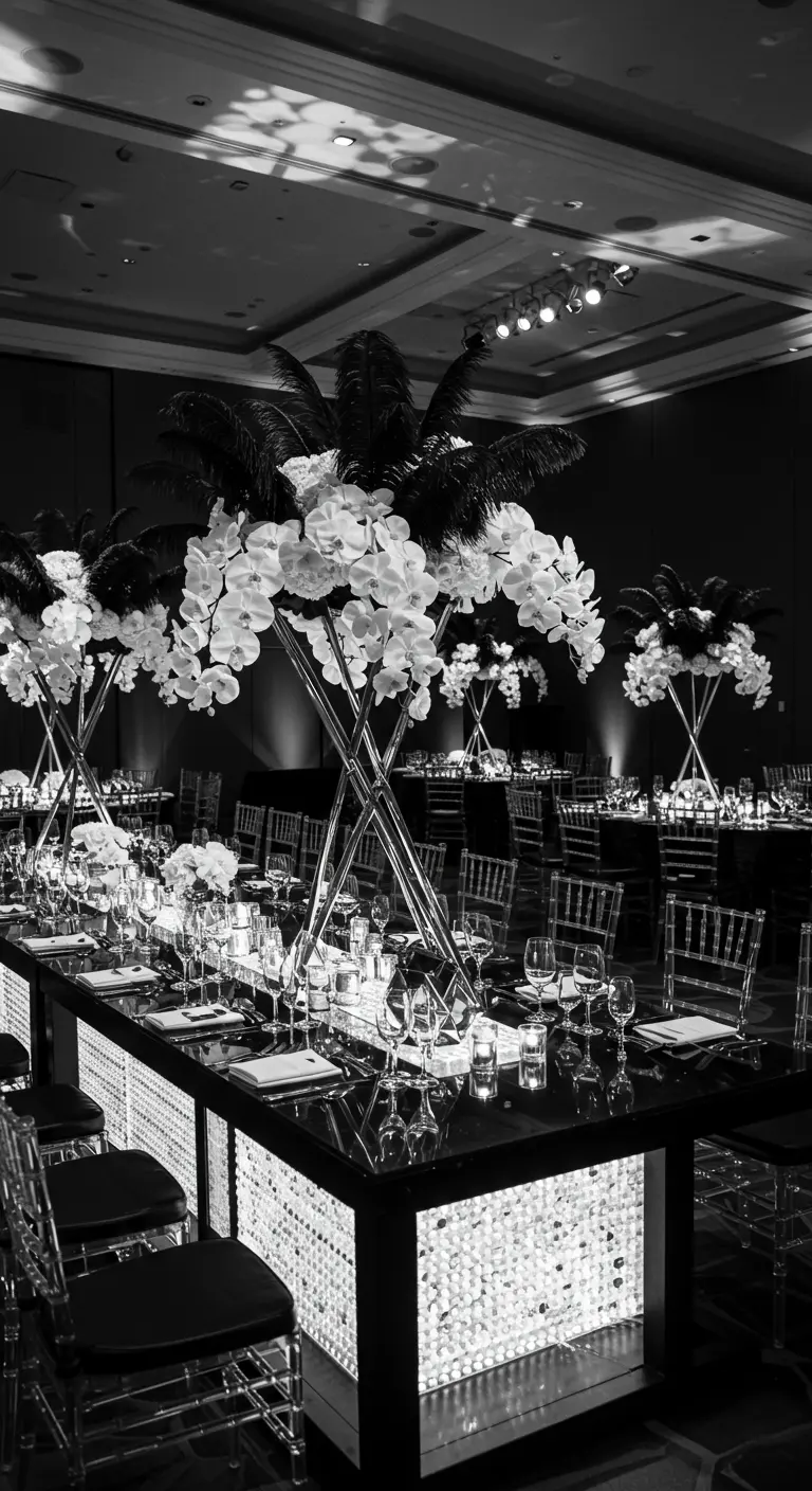 Grande salle de réception avec de longues tables noires brillantes, centres de table hauts d'orchidées blanches et plumes noires sur supports géométriques.