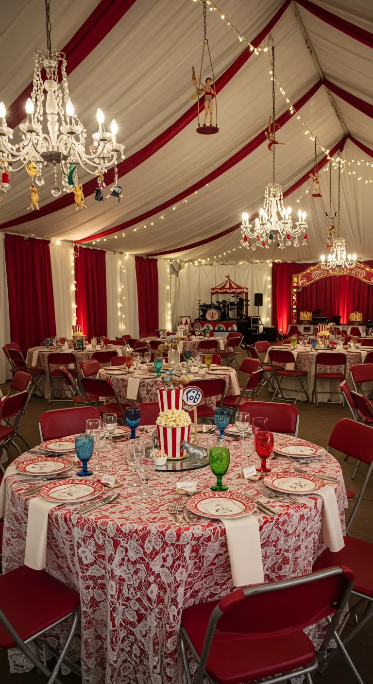Tente de cirque chic avec tables en dentelle rouge, chaises rouges, popcorn, chandeliers et figurines.
