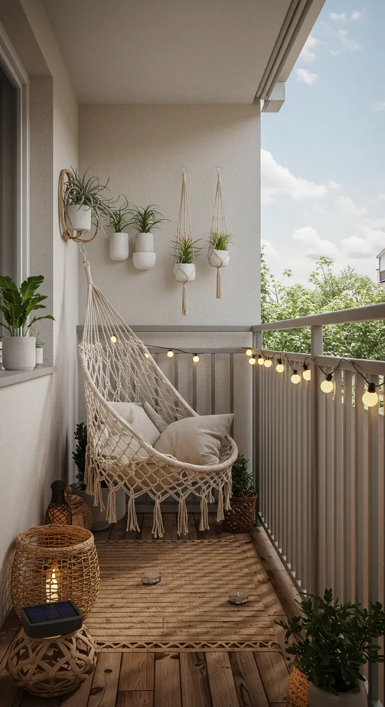 Balcon avec un hamac suspendu en macramé, tapis en jute et guirlande lumineuse.