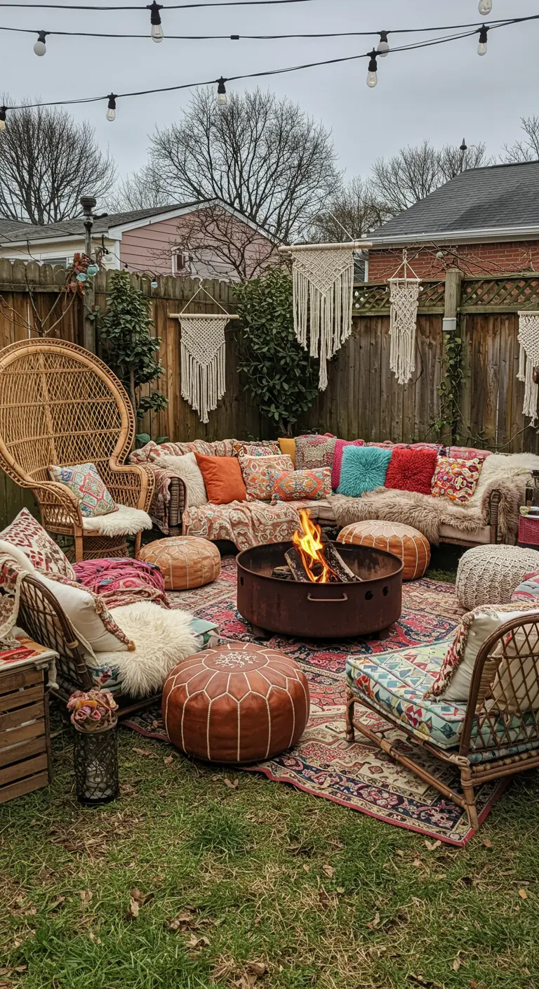 Jardin bohème coloré avec brasero, canapés en rotin, coussins variés, macramé et guirlandes.
