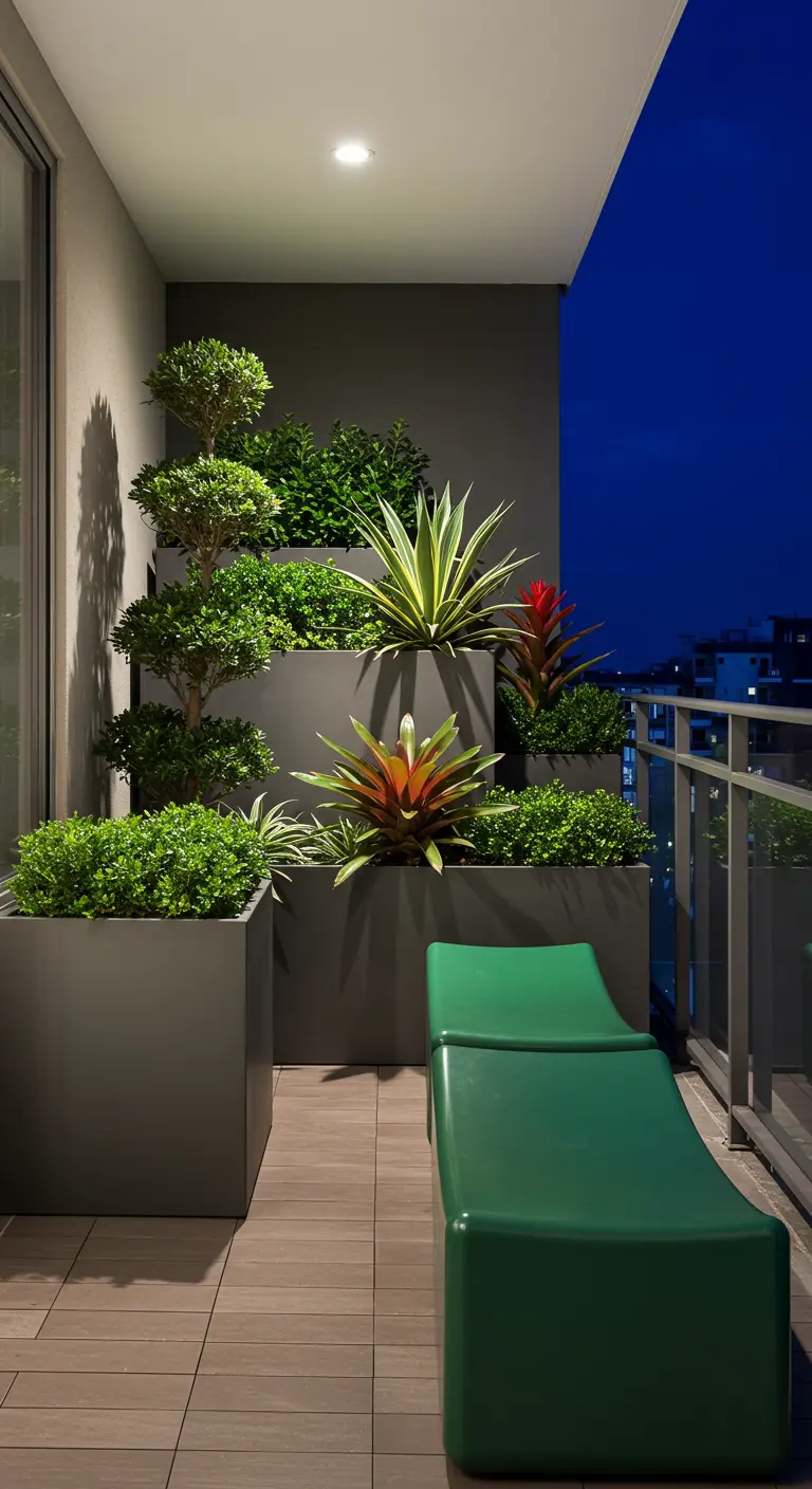 Balcon moderne avec jardinières sculpturales, agave et plantes exotiques.
