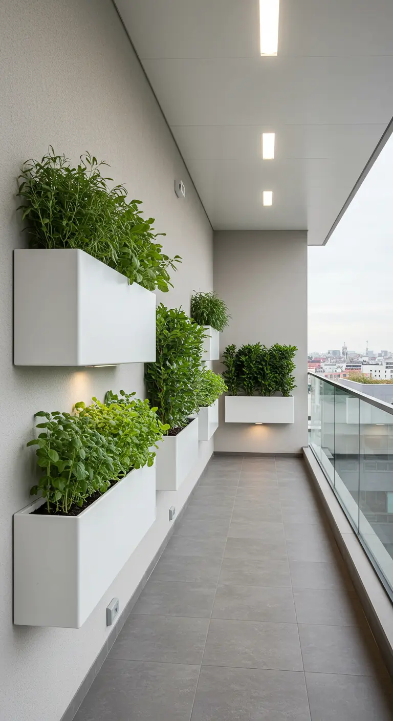 Jardinières murales blanches épurées avec herbes, éclairées par LED sur un balcon minimaliste