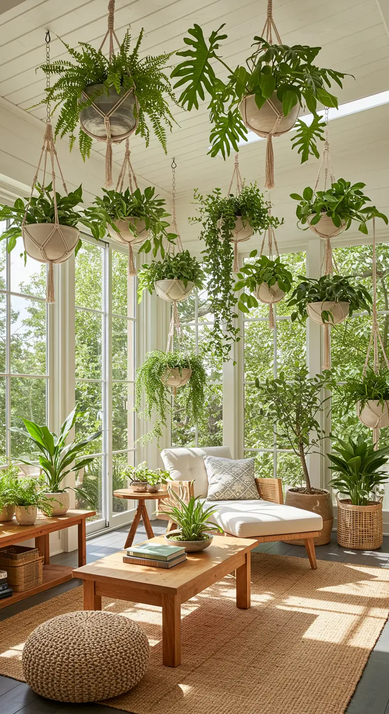 Véranda lumineuse avec de nombreuses plantes vertes suspendues dans des pots en macramé et des meubles en bois.