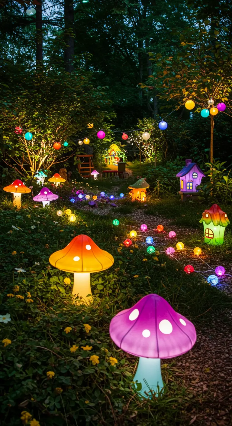 Jardin féerique illuminé de champignons lumineux colorés et de guirlandes.