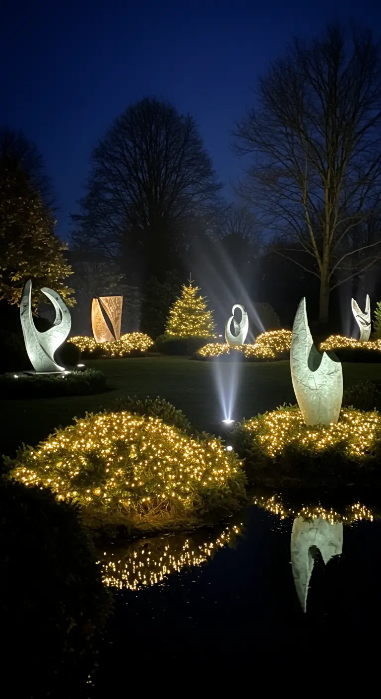 Jardin la nuit avec étang, sculptures éclairées, buissons illuminés de micro-guirlandes et un sapin de Noël.