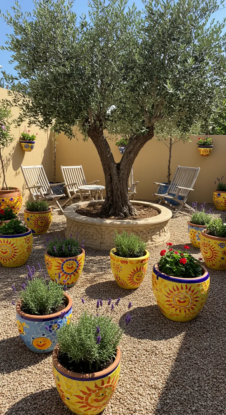 Cour ensoleillée, olivier central, pots mosaïque jaunes à motifs de soleil avec lavande et géraniums.