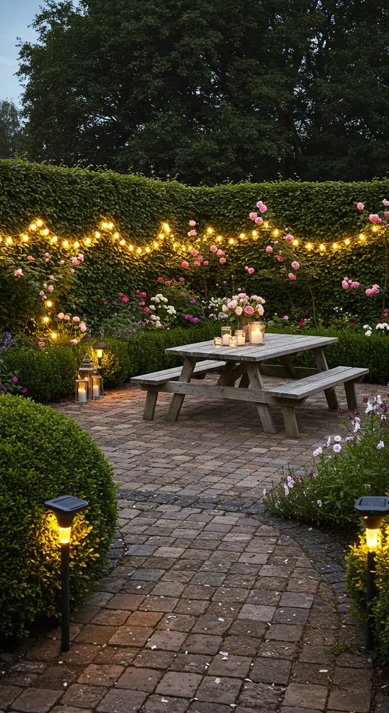 Patio de jardin rustique avec table de pique-nique, guirlandes lumineuses et bornes solaires.