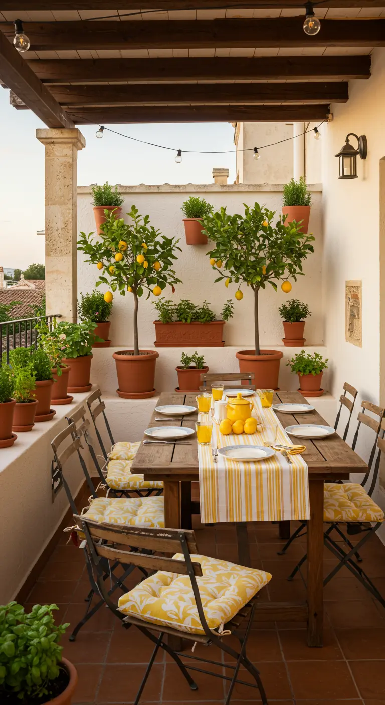Terrasse avec mur végétal d'herbes aromatiques en pots, citronniers et table à manger.