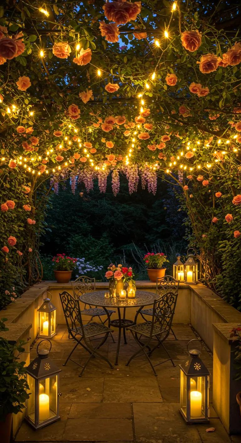 Pergola couverte de roses et de guirlandes lumineuses, avec une table à manger en fer forgé.
