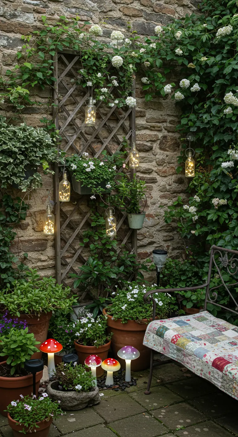 Jardin muré avec treillis, bocaux lumineux suspendus, plantes grimpantes et lanternes champignons solaires.