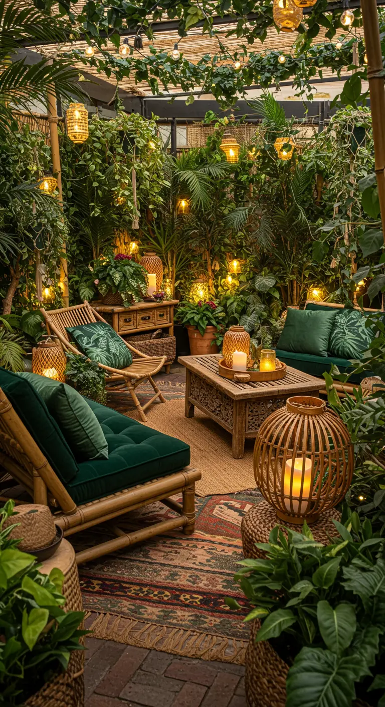 Jardin secret luxuriant avec mobilier en bambou, coussins verts, multitude de lanternes et plantes.