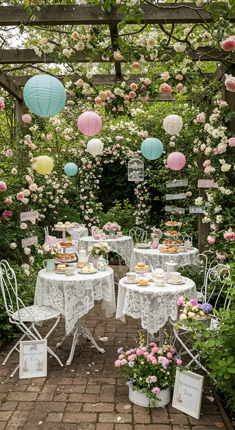 Salon de thé en plein air sous une pergola de roses, avec tables en dentelle et lampions pastel.