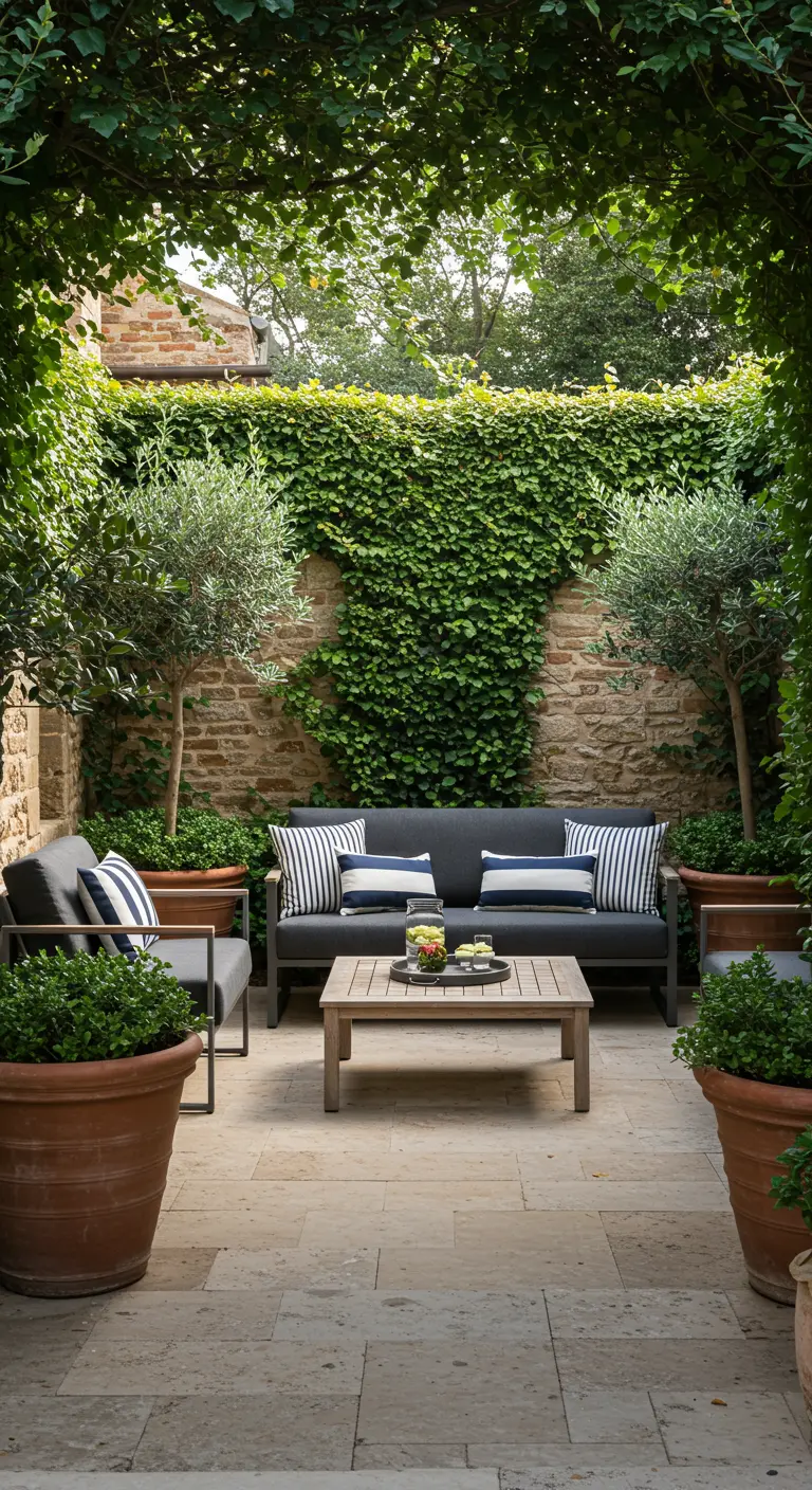Jardin secret avec murs couverts de lierre, oliviers en pots et salon de jardin moderne.