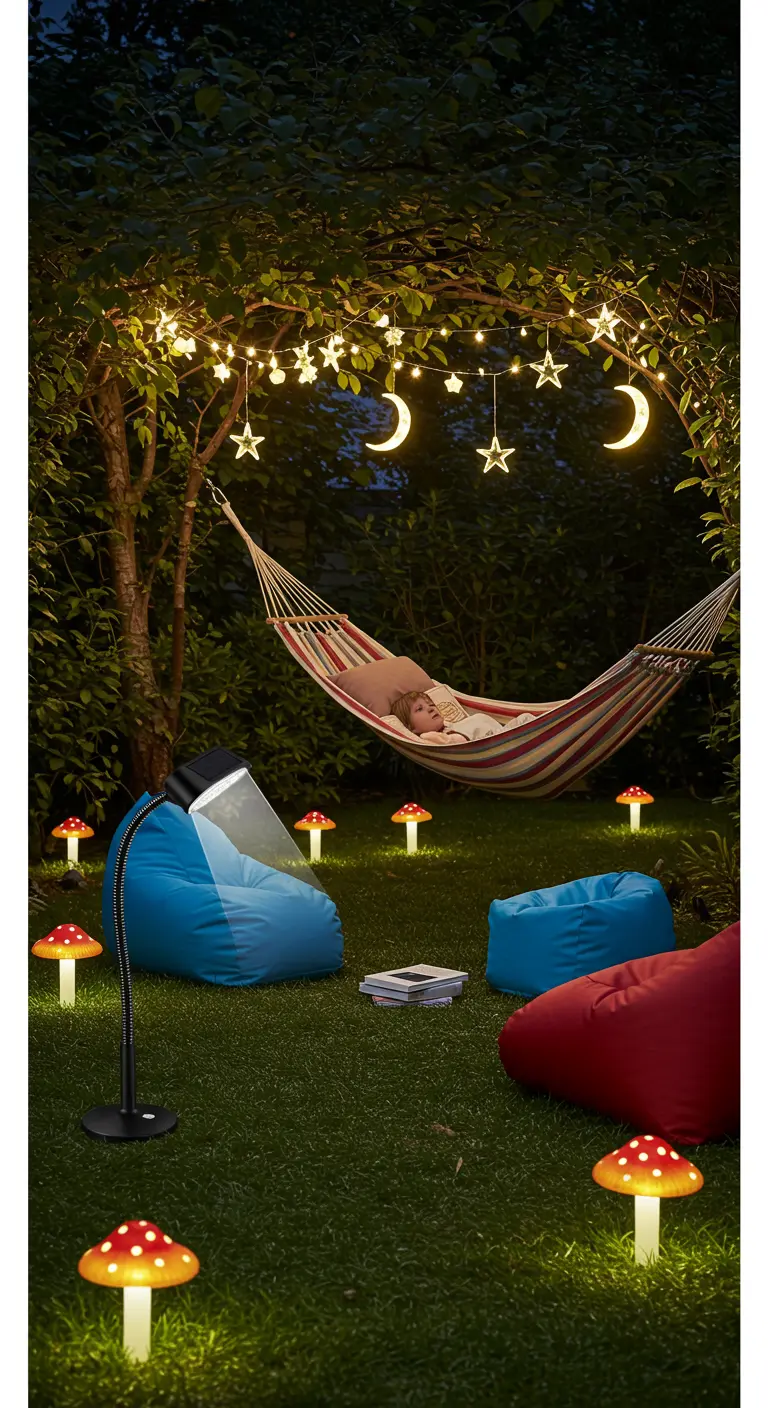 Jardin féerique avec hamac, poufs, guirlandes étoiles/lunes, lampes champignon et lampadaire de lecture.