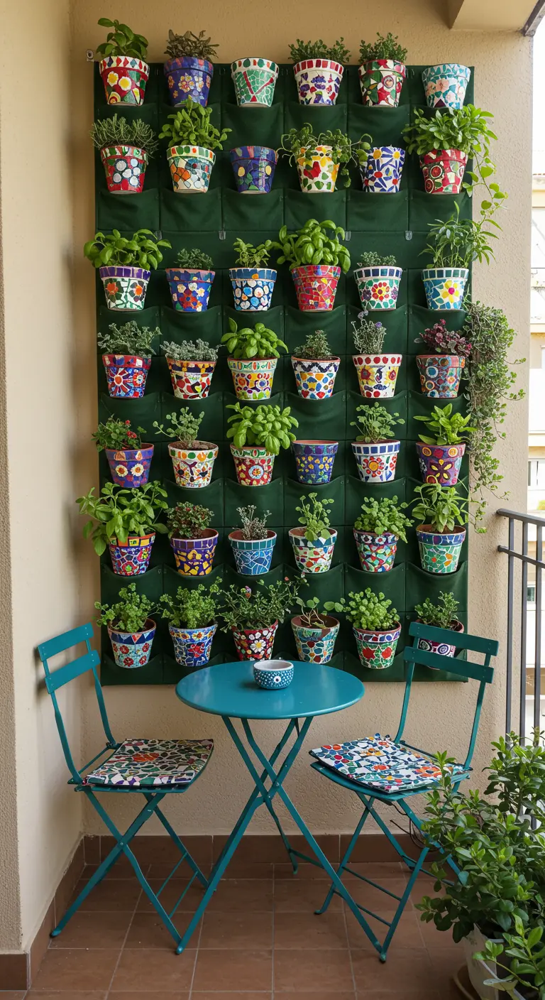 Balcon avec jardin vertical en tissu, petits pots mosaïque colorés remplis d'herbes, table bistro verte.
