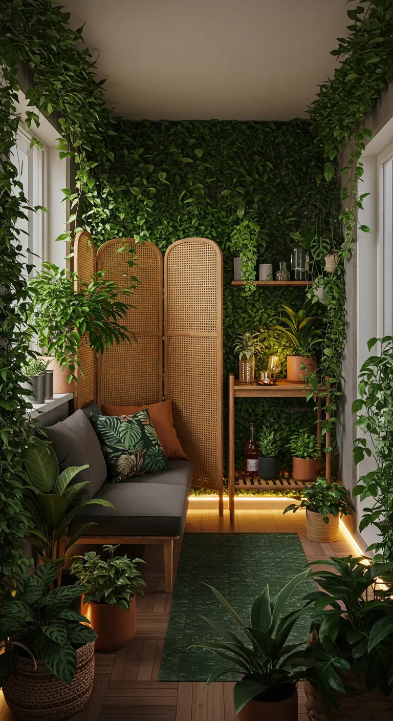 Balcon abondamment végétalisé avec un mur de plantes, un canapé et un paravent en rotin.