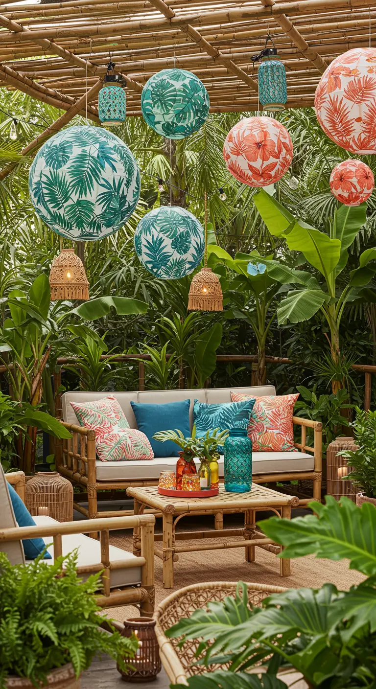 Jardin tropical avec mobilier en bambou, lampions aux motifs de feuilles et suspensions en rotin.
