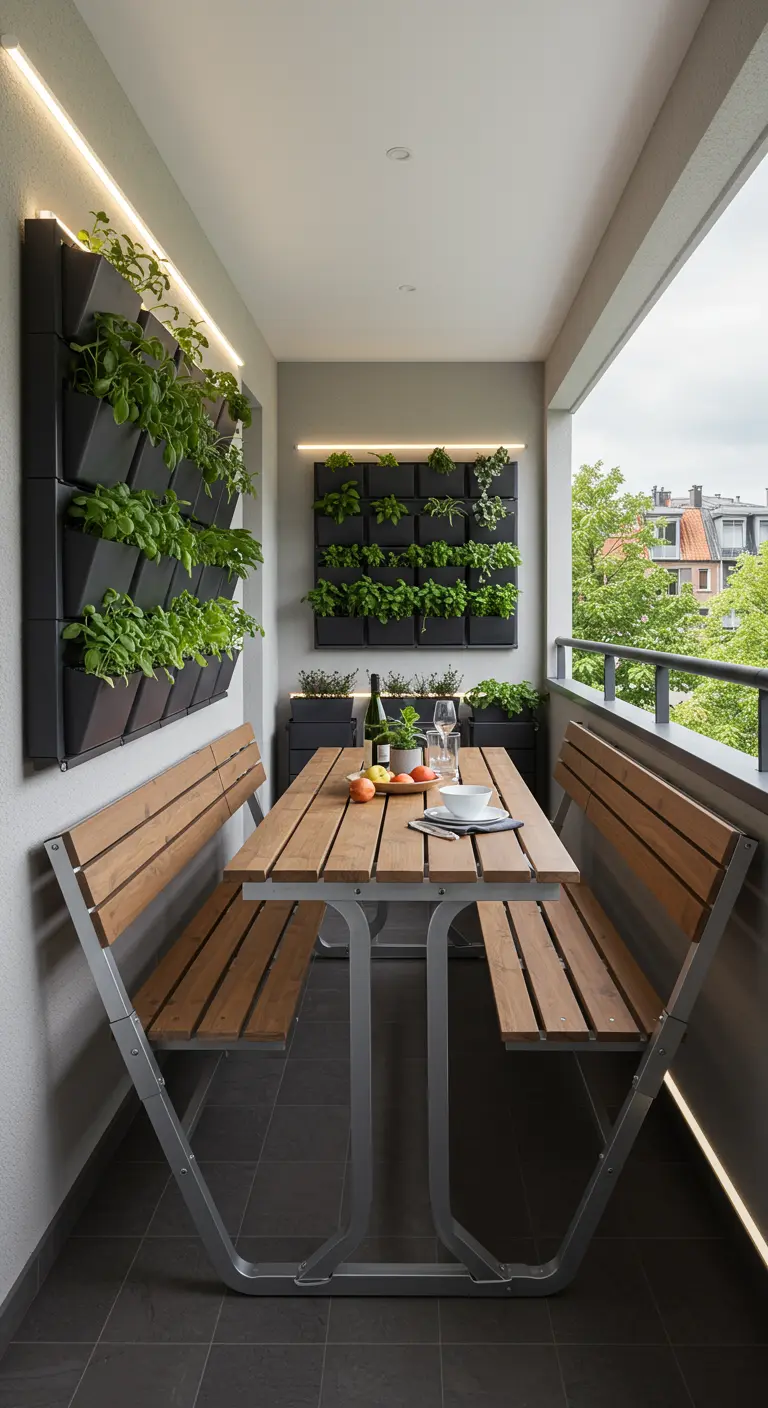 Balcon avec grande table de pique-nique pliante, bancs intégrés et murs végétaux verticaux.