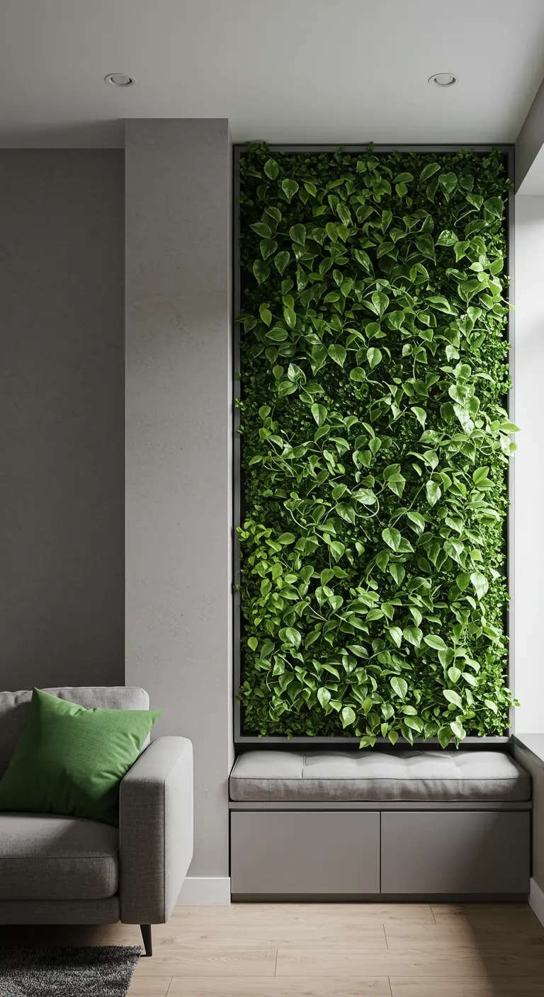 Mur végétal étroit et haut dans une alcôve, avec un coussin de fenêtre en dessous, ambiance calme.