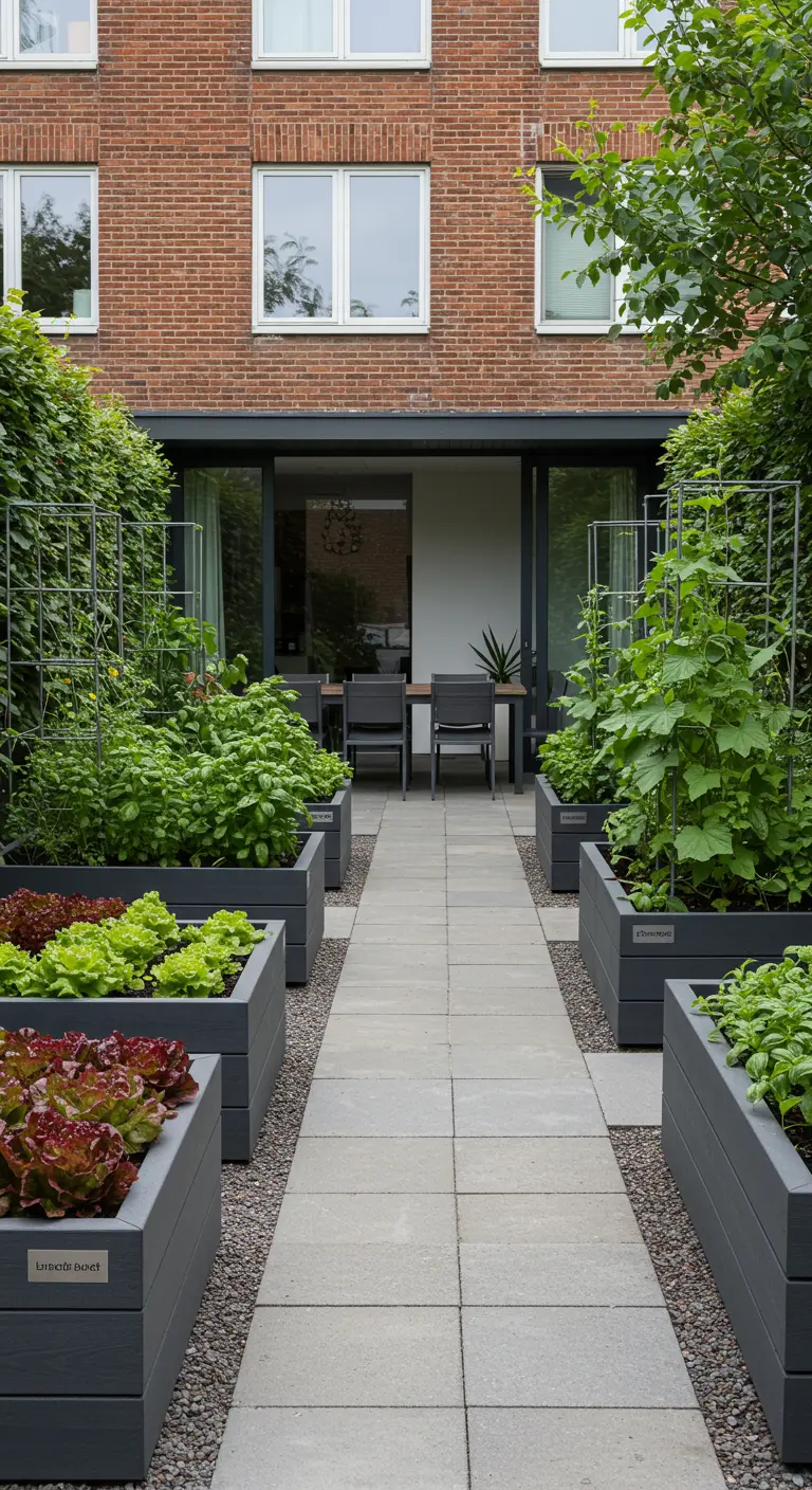 Jardin vertical en acier inoxydable sur une terrasse urbaine avec tomates.