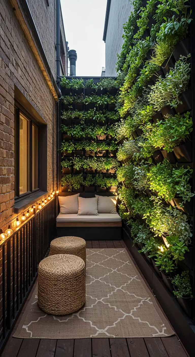 Petit balcon avec mur végétal luxuriant, banquette, poufs en jute et guirlandes lumineuses.