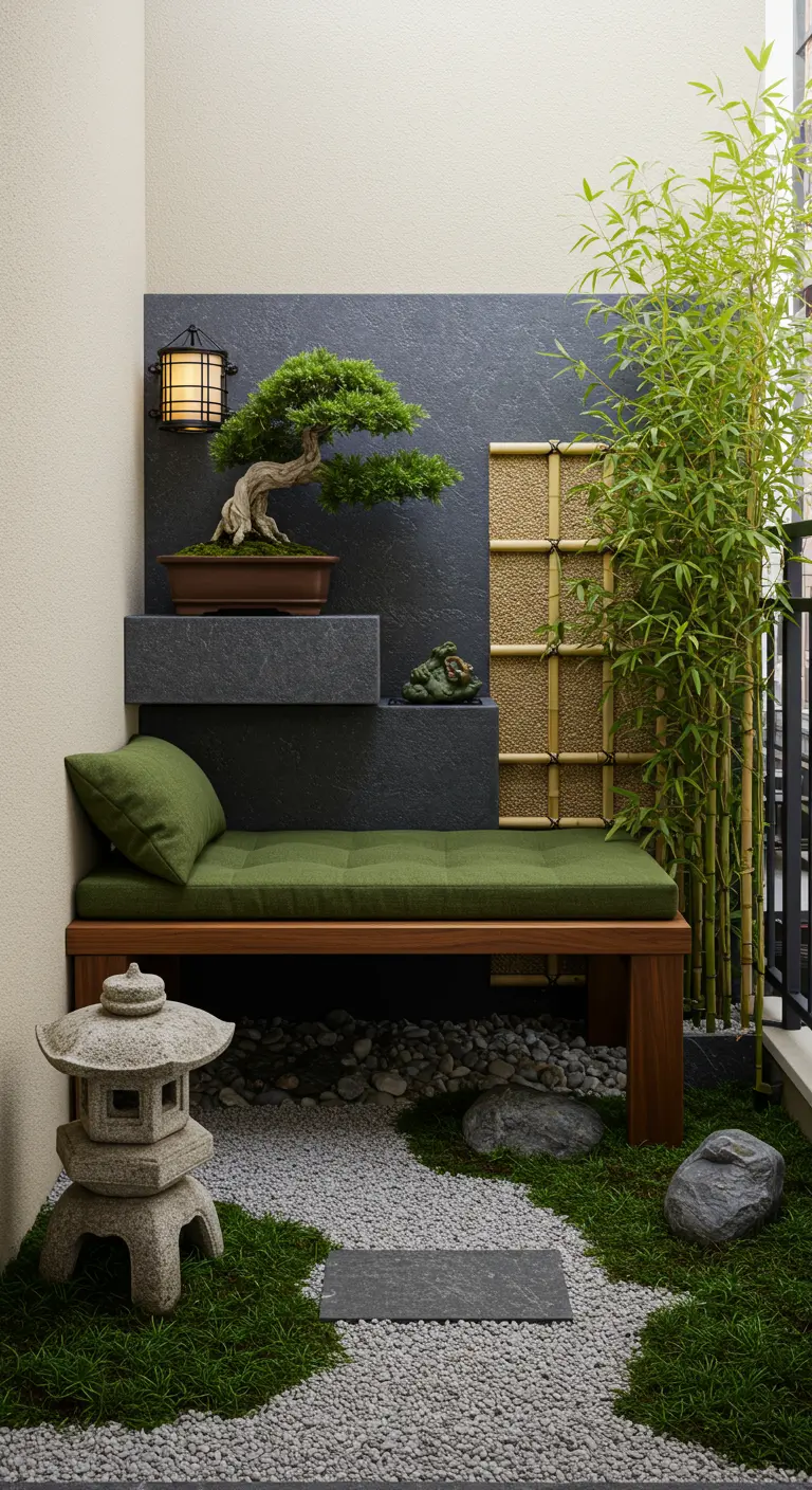 Balcon zen avec gravier, galets, bonsaï et banc en bois.